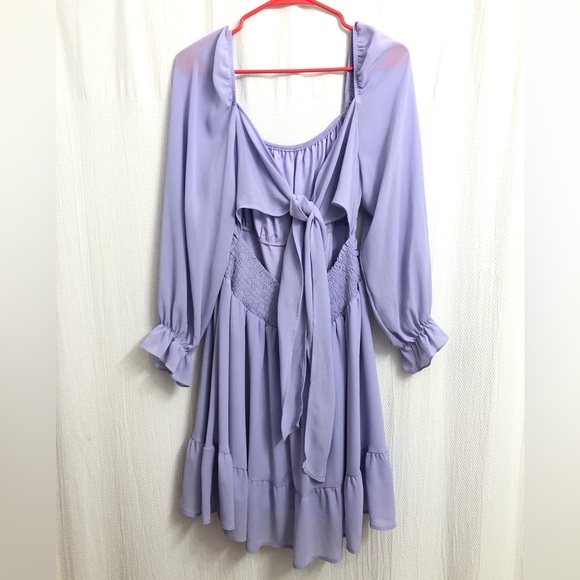 Exlura Tie Back Long Lantern Sleeves Square Neck Ruffle Elastic Waist Mini Dress - Picture 6 of 6